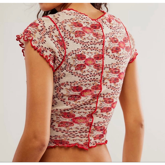 Free People Oh My Baby Mesh Tee L NWOT Sheer Y2K Fairy Grunge Top Red Floral - Picture 2 of 8